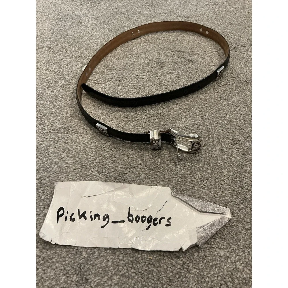 Vintage Black Segmented Leather Belt Silver-toned Floral Charms Women's Size M